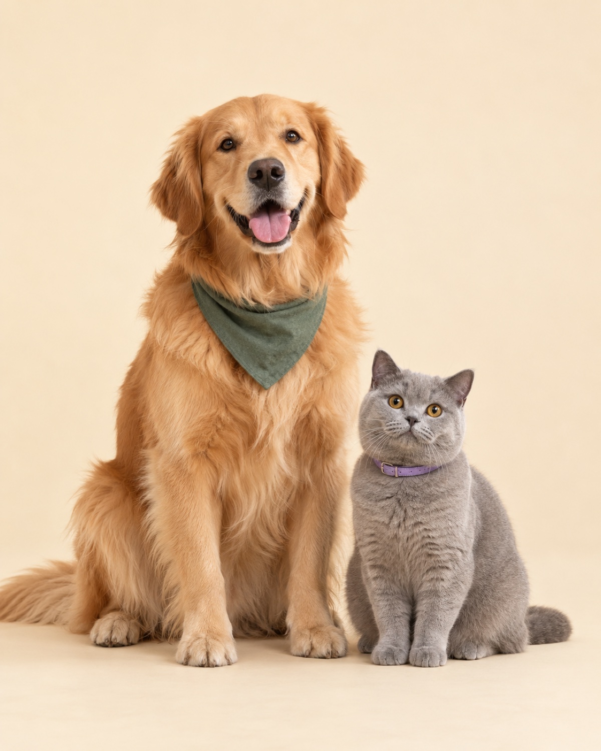 A happy golden retriever in a green bandana sitting beside a grey cat